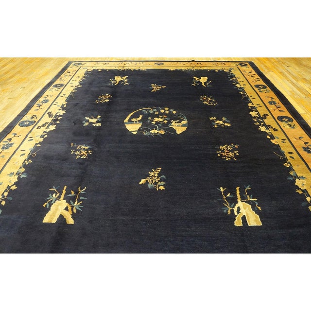 Textile 1920s Antique Chinese Floral Navy Deep Serene Landscape Deco Peking Knotted Rug For Sale - Image 7 of 10