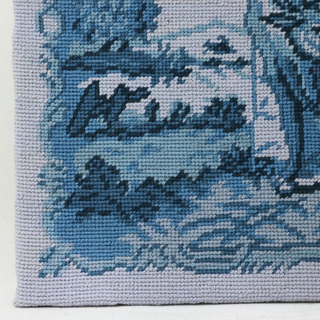 Early 21st Century Vintage Blue and White Needlework Pastoral Farm Scene With Cow and Dog Textile Wall Art For Sale - Image 5 of 8