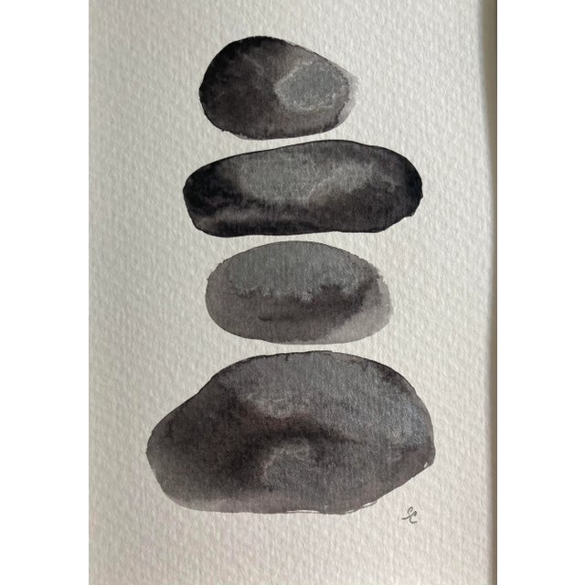 "River Rocks #2" Original black and white watercolor of river rocks on paper. Signed and framed.