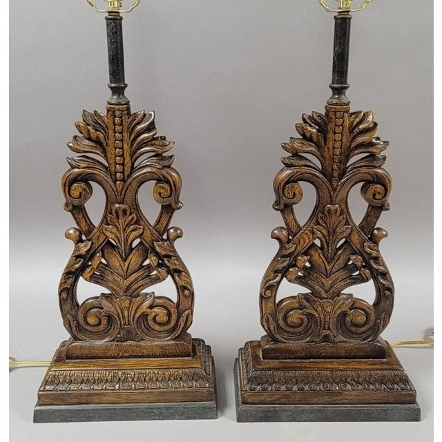 1990s Pair of French Provincial Style Carved Wood Table Lamps With Bronze Finials For Sale - Image 5 of 8