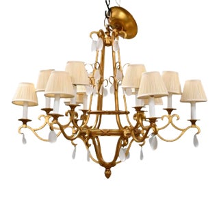 Modern Gilt Bronze & Opaline Style Prism 12 Light Chandelier For Sale