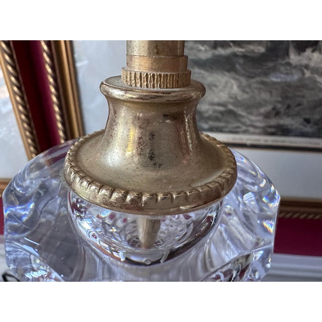 Mid 20th Century Elegant French Finely Cut Crystal Cyclades Pattern Table Lamps With Fancy Brass Bases - A Pair For Sale - Image 5 of 11