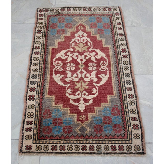 Distressed Low Pile Turkish Yastik Petite Rug Hand Knotted Faded Mat - 24″ X 41″ For Sale - Image 12 of 12