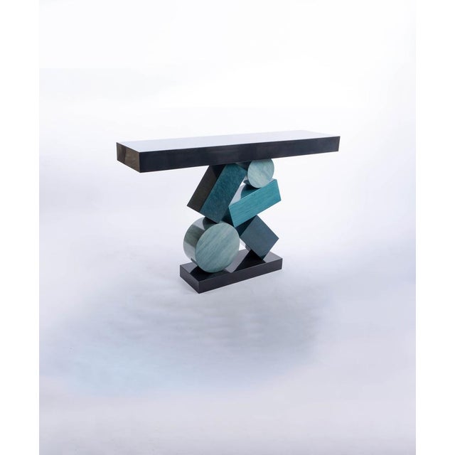 Equilibre Console in Blue and Black Tinded Marquetry by Aymeric Lefort For Sale - Image 11 of 18