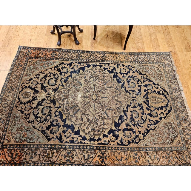 19th Century Persian Farahan Sarouk Rug, Handwoven Floral Pattern, Ivory & Navy, 5’ X 6’ For Sale - Image 4 of 5