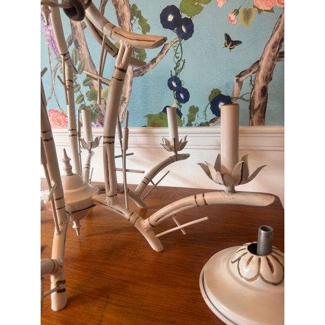 Midcentury White Faux Bamboo Pagoda Tole Chandelier For Sale - Image 11 of 12