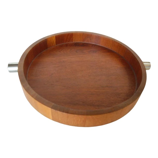 1960s MCM Danish Teak Salad Serving Tray W/ Machined Handles by Cobblewood Lundtofte For Sale