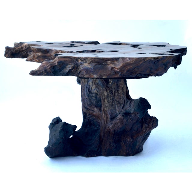 A stunning Big Sur 1960s natural free-form redwood burl coffee table, artisan crafted from a natural redwood slab...