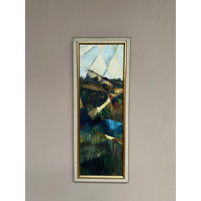 Original Swedish Oil on Canvas – “Cubist Landscape” by Kjell Lindberg – Signed – Vintage & Framed – 82 × 33 cm (32.3" ×...