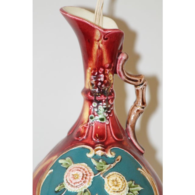 Pretty Antique English Art Nouveau 8" Porcelain Majolica Ewer Pitcher For Sale - Image 4 of 6