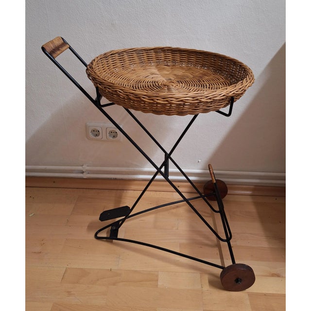 Vintage Tea Trolley with Newspaper Shelf in Black Iron Frame, Teak Wheels and Removable Wicker Tray, 1970s, in Good...
