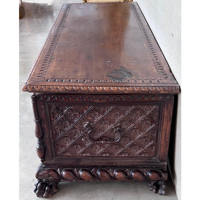 Baroque 17th Century Italian Carved Cassone Trunk with Original Hardware For Sale - Image 3 of 18