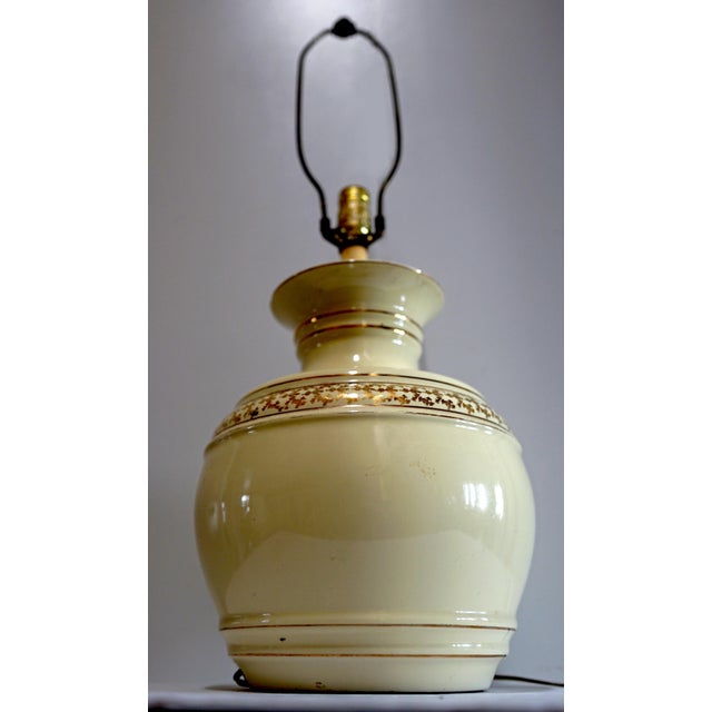 Mid-Century Modern Gilt Porcelain Vintage Yellow Round Table Lamp For Sale - Image 3 of 6