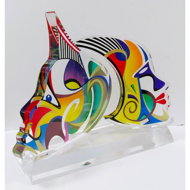 1990s Large Shlomi Haziza Signed Double Impression Acrylic Lucite Sculpture Two Faces For Sale - Image 9 of 12