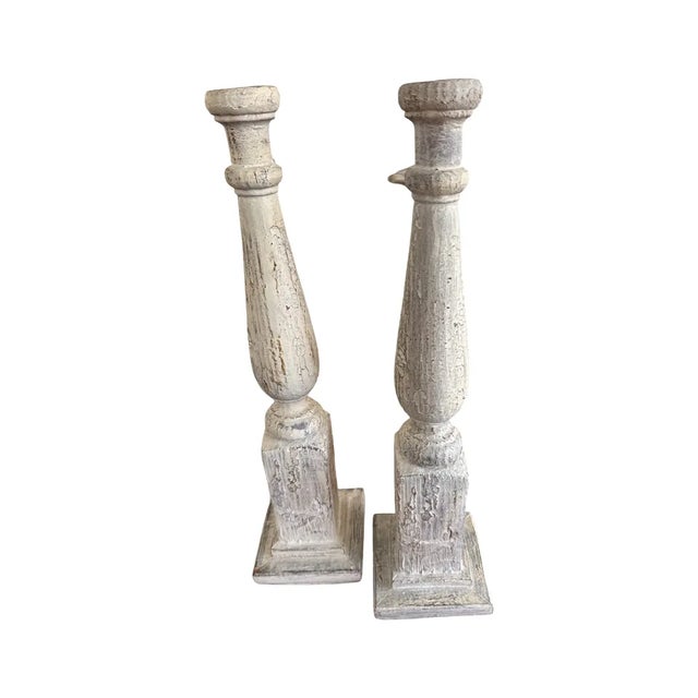 Rustic European Tall Architectural Column Candlesticks Pair For Sale - Image 3 of 8