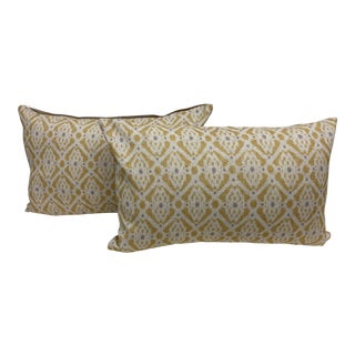 Pair of Large Bolster Pillows With a Classic Geometric Pattern in Yellow & Gray - Made in Uk. For Sale