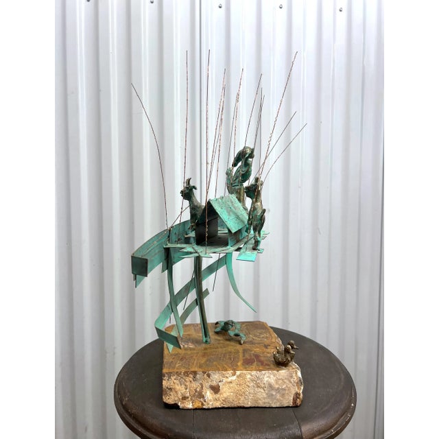 Bijan Bijan Signed Metal Art Sculpture of Man on Boat With Goats. For Sale - Image 4 of 12