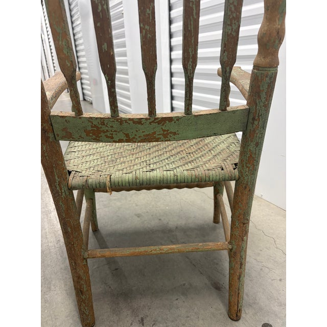 Vintage American Primitive Distressed Green Spindle-Back Rush-Seat Armchair For Sale In New York - Image 6 of 7