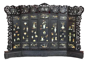 Chinese Seven-Panel Inlaid Zitan Screen Qing Dynasty/Republic Period Late 19th Century