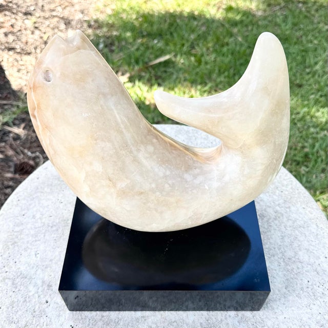 1980s Vintage Modernist Hand Carved Marble Fish Sculpture or Black Laminate Base For Sale - Image 5 of 9