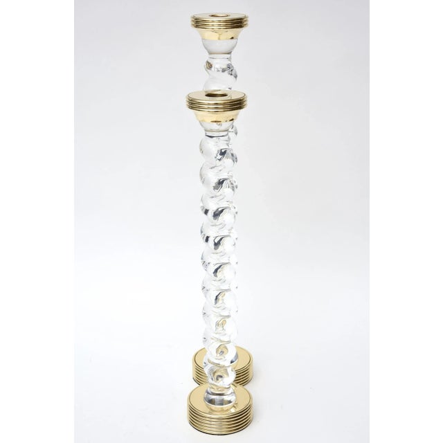 Vintage Rare Twisted Lucite and Brass Stepped Tall Candlesticks Pair Of, 1970's For Sale - Image 4 of 10