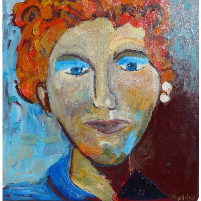 Red Contemporary "Lady With the Pearl Earring" Portrait Oil Painting For Sale - Image 8 of 8