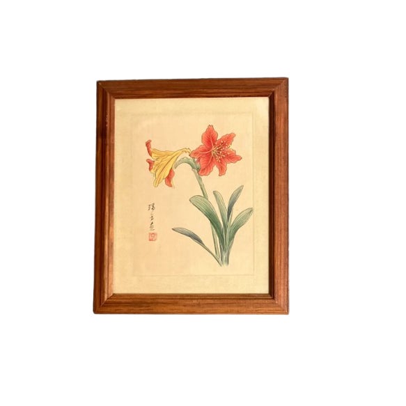 1950’s Original Chinese Floral Watercolor Painting Signed Framed For Sale