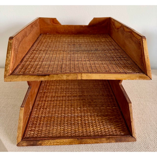 Woven Rattan Burnt bamboo two tiered desk organizer. Great for papers