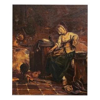 European Artist, Country Kitchen, Oil on Canvas, Framed For Sale