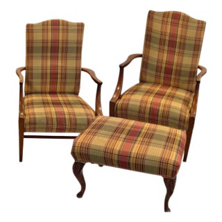 Discover a Stunning Rare Vintage Pair of High-Back Armchairs & Ottoman by Ethan Allen For Sale