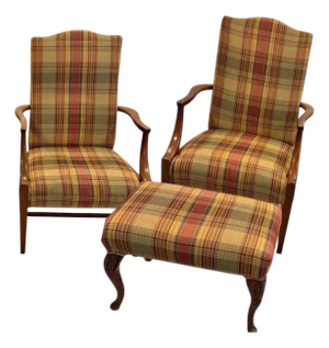 Discover a Stunning Rare Vintage Pair of High-Back Armchairs & Ottoman by Ethan Allen
