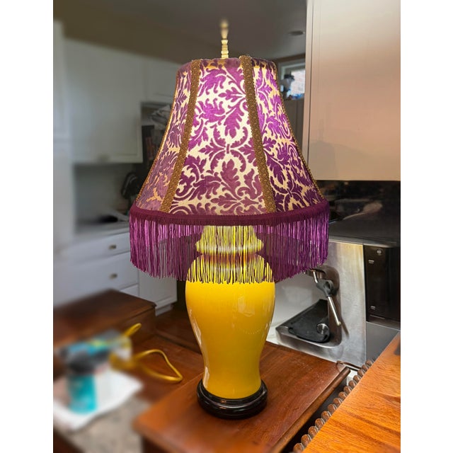 Vintage Purple Velvet Leaf Lamp Shade With Gold Trim & Purple Chainette Fringe For Sale - Image 6 of 6