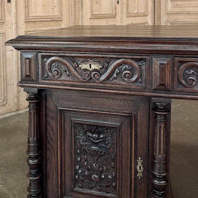 Wood Antique French Neoclassical Henri II Oak Partner's Desk For Sale - Image 7 of 14