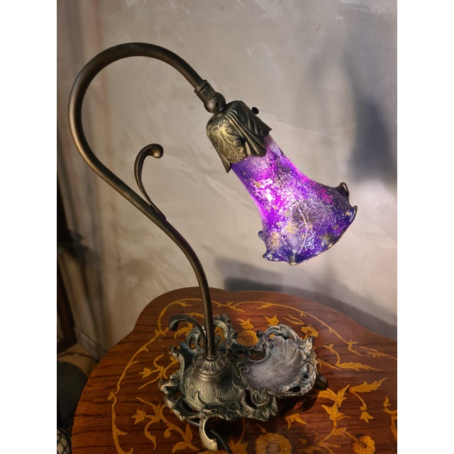 Cast Iron Lamp with Patinated Bronze Finish and Painted Tulip Shade, 1975 For Sale - Image 11 of 11
