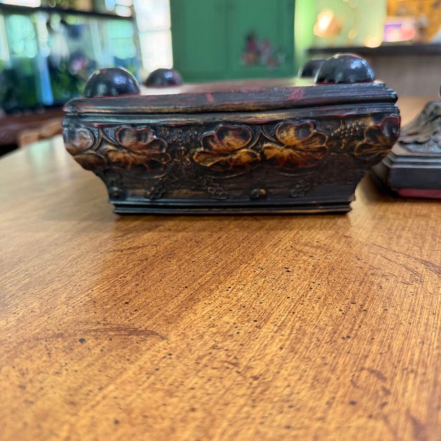 Vintage Style Carved Floral Jewelry Box Red Velvet Lined Footed Trinket Chest For Sale - Image 4 of 11