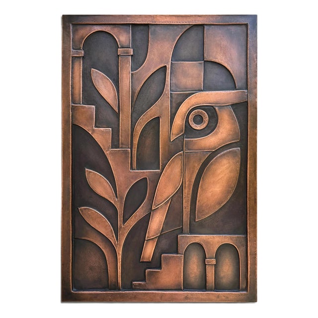 Abstract Copper Owl Wall Relief Sculpture For Sale