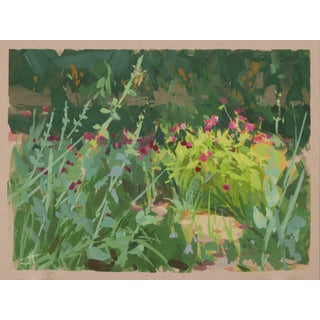 In the Thicket by Judd Mercer | Gouache On Paper Floral scene with green foliage and colorful flowers. For Sale