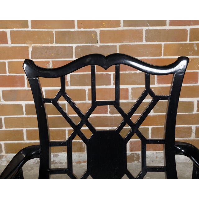 Pair of English Chinese Chippendale Style Black Lacquered Armchairs, circa 1950 For Sale In Atlanta - Image 6 of 12