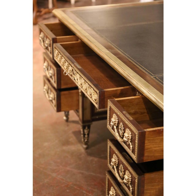 19th Century French Louis XVI Mahogany, Bronze & Leather-Top Partner Desk For Sale - Image 10 of 15