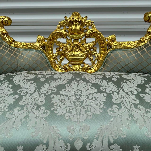 French Style Blue Small Settee Gold Details For Sale In Miami - Image 6 of 8