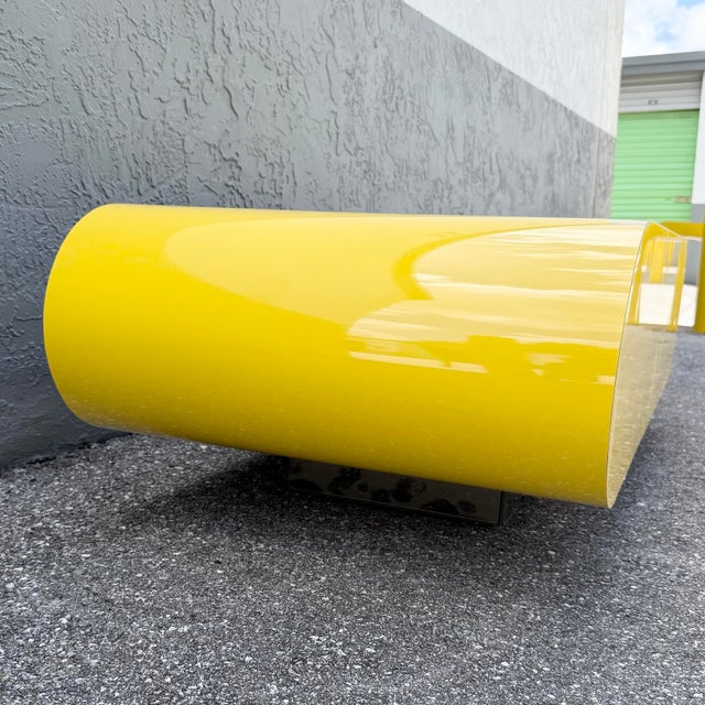 Wood Postmodern Yellow Gloss Laminate Bullnose Coffee Table on Mirror Base For Sale - Image 7 of 7
