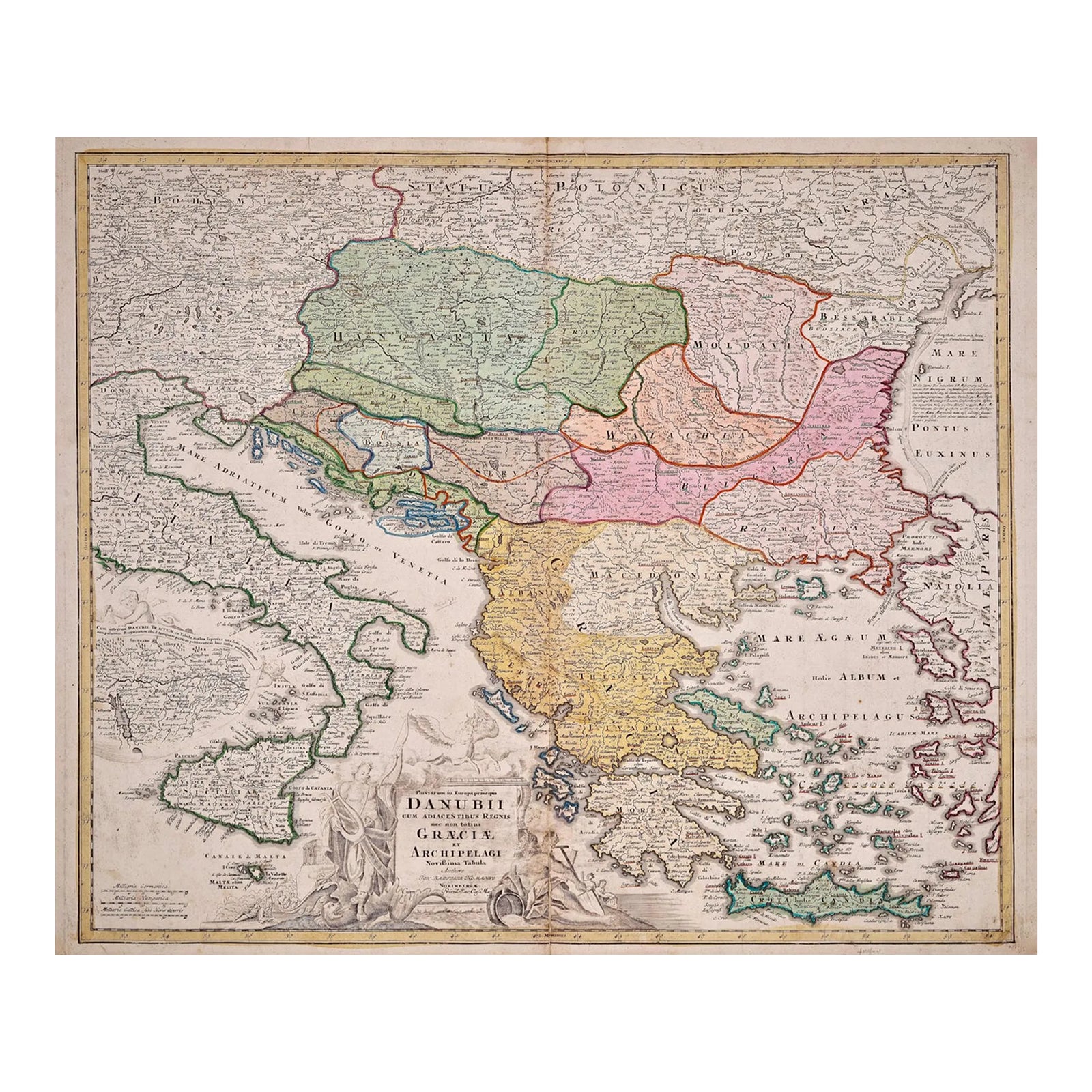 Danube, Italy, Greece, Croatia: Hand-Colored 18th Century Homann Map ...