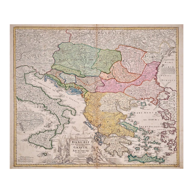 Danube, Italy, Greece, Croatia: Hand-Colored 18th Century Homann Map For Sale