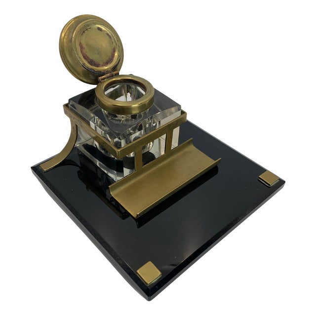 Art Deco Lacquered Desk Set with Brass Bound Bevelled Glass Inkwell, Set of 4 For Sale