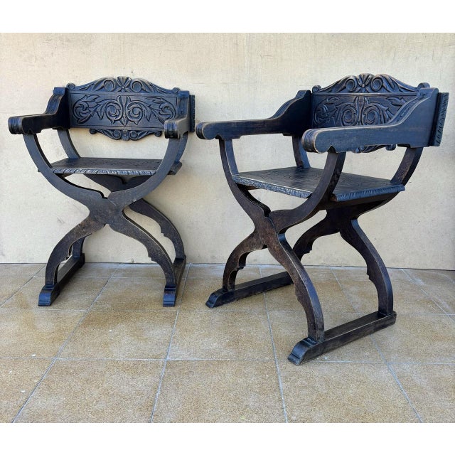 Spanish Renaissance Revival Carved Savonarola Chairs, 1920, Set of 2 For Sale - Image 3 of 11