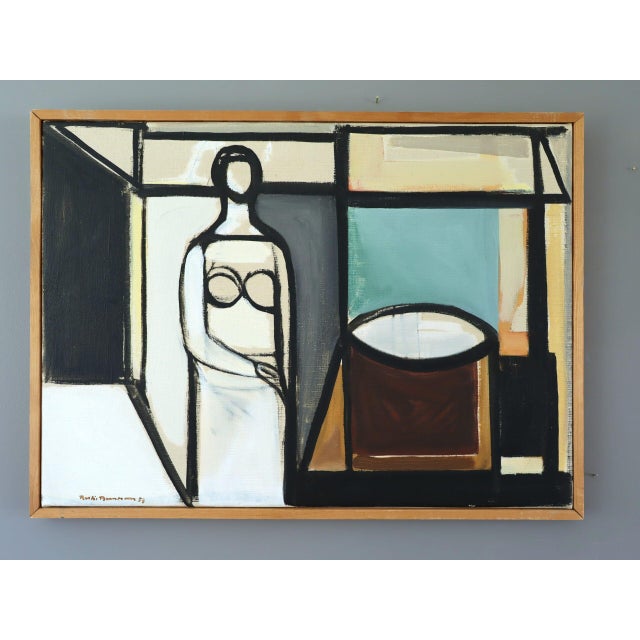 FIGURE IN CONSTRUSTED ROOM Size: 16.3 x 22.2 inches (including frame) Oil on canvas A very striking mid-century modern...