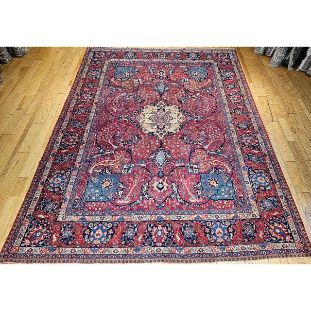 Vintage Persian Tabriz Rug, Hand-Knotted Wool, Garden Floral Pattern, Crimson & Turquoise, 11x15 For Sale - Image 12 of 18