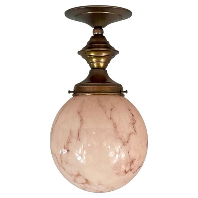 Art Deco Pale Rose Marbled Opaline and Brass Flush Mount, Germany, 1920s For Sale - Image 12 of 12