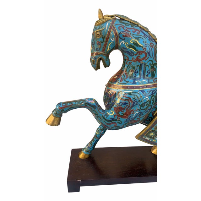 Vintage Chinese Cloisonné War Horse Sculptures on Mahogany Base - Pair Exquisite Set of 2 vintage Chinese Cloisonne' war...