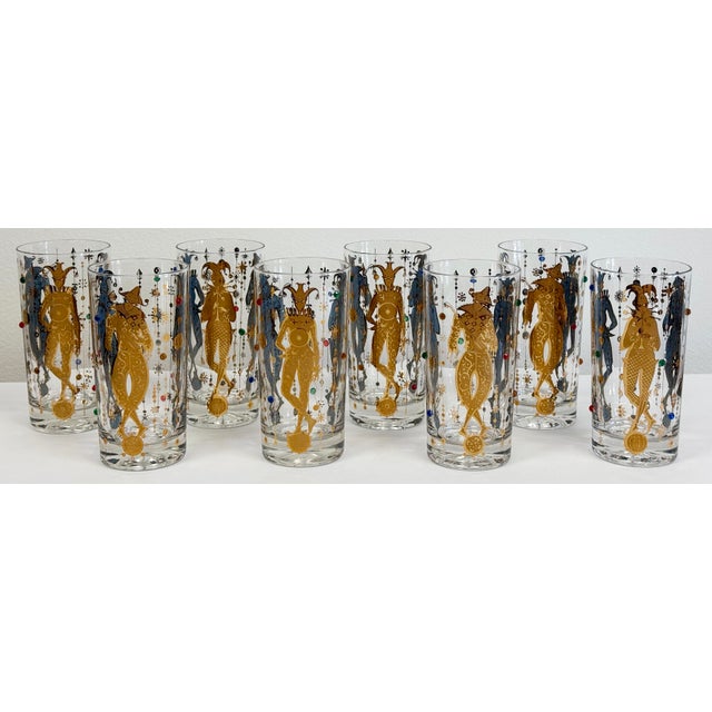 Mid-Century Modern Vintage Jeweled Culver Ltd. Mardi Gras Jester High Ball Glasses, Set of 8 For Sale - Image 3 of 10